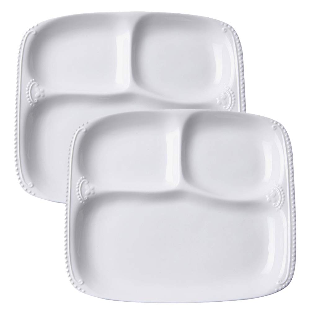 TAMUME White Porcelain Plate with 3 Compartment for A Person, 3-in-1 Rectangle Food Tray with Beading Pattern - 10" * 8.5" * 1 (Pack of 2)
