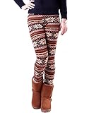HDE Women Winter Knit Leggings Fleece Line Nordic Design Thermal Insulated Pants (White Poinsettia, Medium)