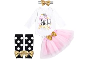 PERDECA Newborn Baby Girl My First New Year Outfit Long Sleeve Romper Tutu Skirt with Headband and Leggings 4Pcs Clothes Sets