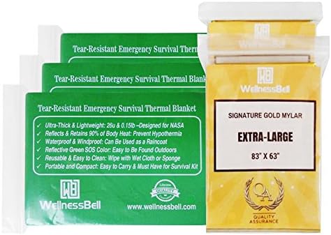WellnessBell Advanced Emergency Blanket (5 Mixed Pack): 3 Reusable Thick &amp; Tear-Resistant PE Space Blankets + 2 Extra-Large Reflective Double-Sided Gold &amp; Silver Mylar Blankets Designed for NASA!
