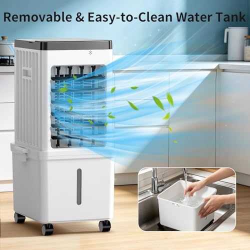 Portable Air Conditioner, Evaporative Air Cooler Fan with 10L Removable Water Tank, 3-in-1 Quiet Cooling with 4 Ice Packs & Timer, Low Noise Swamp Cooler for Home Bedroom Office