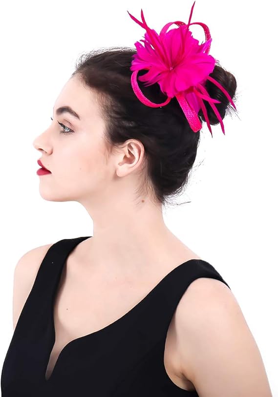 YONQUIL hot Pink Sinamay Fascinator with Feather Flower
