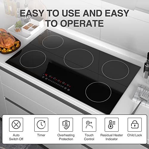 VBGK Induction Cooktop, with 5 Burners Desktop Built-in Cooktop, 7400W 240V Induction Stovetop 9 Power,Levels Sensor Touch Control,Child Safety Lock,1-99 Minutes Timer,Induction Burner