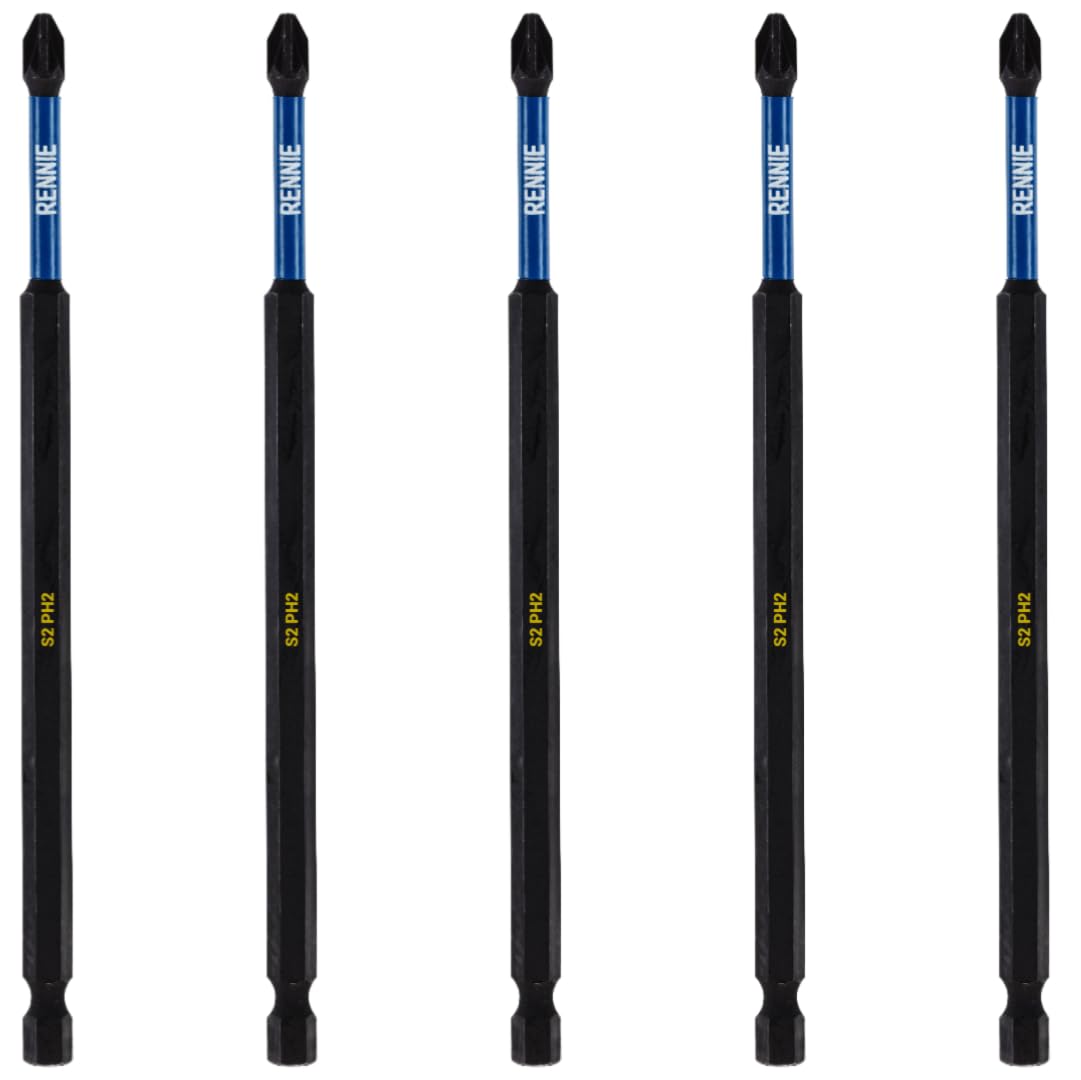 5 x Rennie Tools 150mm Long PH2 Impact Screwdriver Driver Bits Set. Magnetic Phillips No.2 Heavy Duty Impact Driver Bit Set. Extra Long PH2 Bits. Hex Shank. Cross Head. Black Oxide Coating