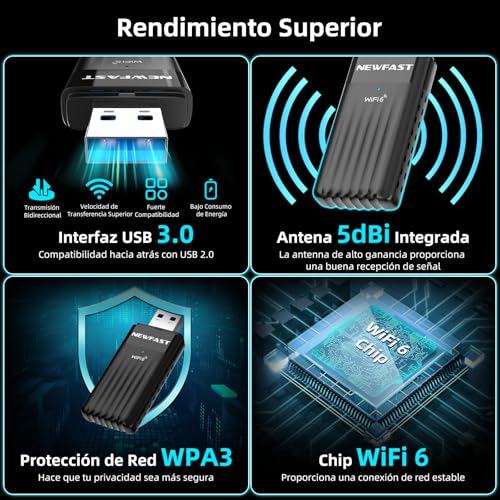 NEWFAST Adaptador WiFi6 USB AX3000, 5.8Ghz/2.4Ghz Adaptador WiFi USB para PC, 3000mbps Receptor WiFi Compatible con Windows 10/11, OFDMA y MU-MIMO, WPA3 y WPA2