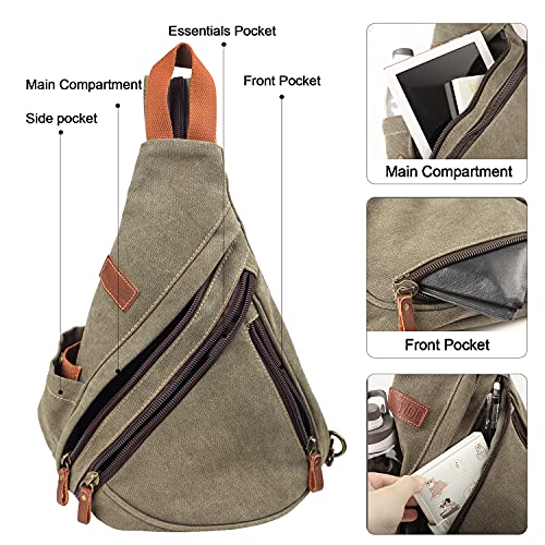 POEYLEJA Canvas Sling Bag Men & Women, Convertible Shoulder Chest Daypack, Crossbody Backpack Outdoor Hiking Travel Cycling Military Green