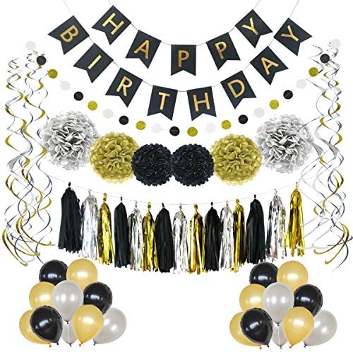 LITAUS Birthday Decorations, Black and Gold Party Supplies, Serves 59, Includes Happy Birthday Banner, Party Balloons, Hanging Swirls, Garland, Tassels, Paper Flowers for Parties, Baby Shower