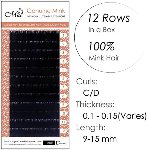 Mia Mink Hair Individual Eyelash Extension Semi Permanent made by Real Siberian Mink Hairs 8-15mm &amp; Mixed Length (D 11mm)