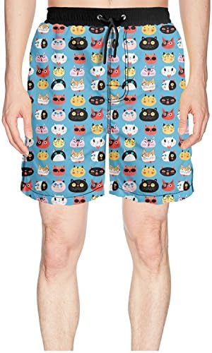 Patterned Cartoon Cute Cats Faces Blue Background Printed Men Beach Swim Shorts