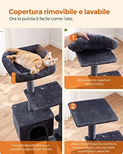 Albero per Gatti, Tiragraffi Piccolo da 135 cm, Condominio per Gatti in Peluche a più Livelli con Copertura per Trespolo Rimovibile Lavabile, Graffiatoio, Cesto, Grotta, Grigio Scuro