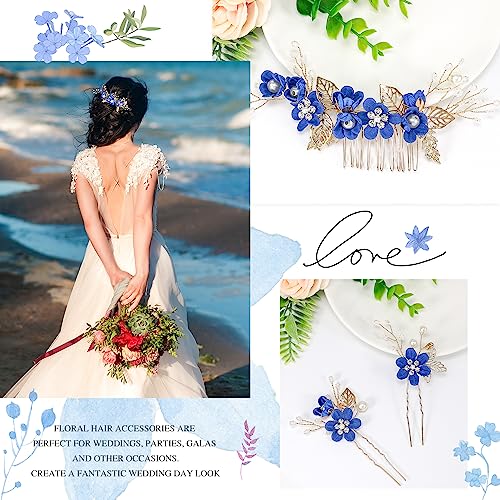 4 PCS Flower Hair Comb Summer Flower Girl Hair Pin Yellow Gold Metal Leaves Bride Bridesmaids Birthday Prom Party Hair Piece Accessory, Heaspiece Set (Something Blue)