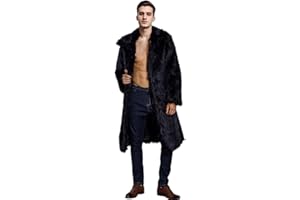 UMREN Mens Faux Fur Coat Long Black Jacket Warm Furry Overcoat Outwear