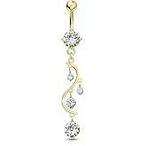 Forbidden Body Jewelry 14kt Gold Plated Surgical Steel Fancy CZ Crystal Vine Drop Multi Gem Dangle Belly Button Ring