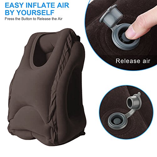 HOMCA Inflatable Travel Pillow - Portable Head Neck Rest Neck Pillow for Airplanes, Cars, Buses, Trains, Office Napping, Camping - Includes Free Eye Mask (Brown)