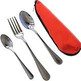 Kakalu® 3 Piece Stainless Steel Flatware Set ( Dessert Spoons, Dinner Fork, Demitasse Spoons ) Coffee Pasta Cutlery Serving Set for Mess Kits, Work Lunches, Travel, Camping with Neoprene Case & Gift