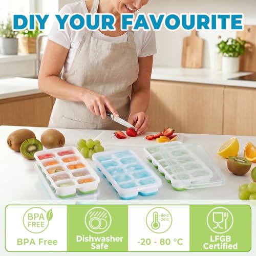 Silicone Ice Cube Tray with Lid BPA Free Small Ice Trays for Freezer 4 Pack | Flexible Design Easy Release, LFGB Certified Food Grade, Stackable Non Spill Lidded Ice Cube Moulds