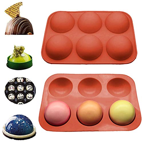 lfende 6 Holes Silicone Molds for Hot Chocolate Bomb, Mousse Cake Baking, Handmade Soap, Jelly, Pudding, Biscuit, Non-Stick Easy Release Baking Semi Circular Moulds (Red-2PC)