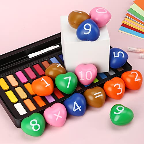 LOVESTOWN Math Stress Balls, 15PCS Multicolor Heart Shaped Balls Stress Relief Toys Squeeze Balls for Preschool Education Arithmetic Addition Subtraction Multiplication and Division