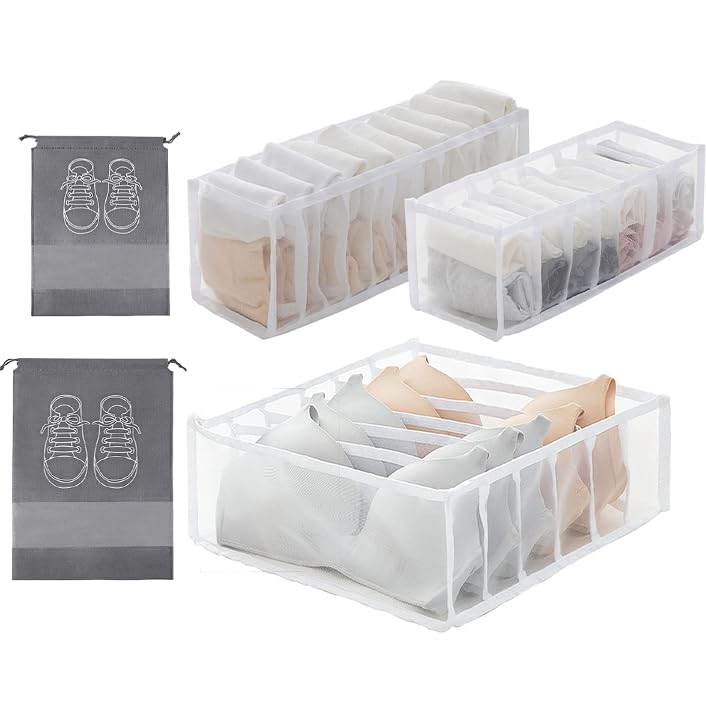 AYNKH 3 Pcs Foldable Wardrobe Clothes Organizer, Washable Mesh Clothes Storage Boxes, High Capacity Closet Dividers for Jeans, Underwear, Socks, Leggings, T-shirts (with 2 Pcs Travel Shoe Bags)
