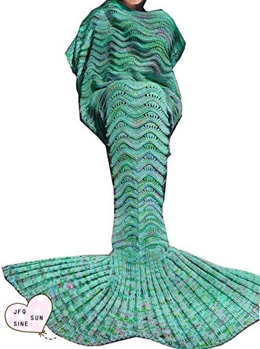 JFQ Handmade Mermaid Tail Blanket,All Seasons Knitted Blanket,Warm Sofa Quilt Living room blanket for Adults and teens 71*35.4inches (71*35.4inches, Corrugated green flower color)