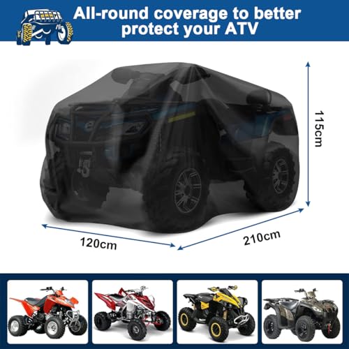 ATV Cover Universal Beach Car Cover 210D Outdoor Motorcycle Cover Waterproof Dustproof Heat Resistant Sun UV Cover 4 Wheeler Quad Bike Scooter Storage Vehicle Cover for Polaris Yamaha, 210*120*115cm