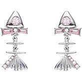 Zeshimb Pink Crystal FishBone Earrings Cute Fish Skeleton Dangle Drop Earrings Sparkly Zircon Fish Bones Stud Earrings Ocean Jewelry for Women