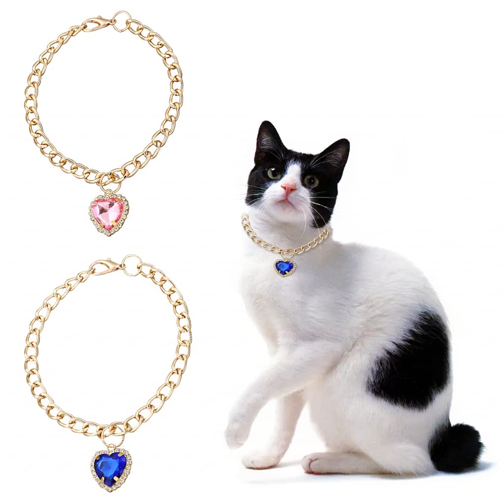 FineInno 2 Pcs Cat Collars Rhinestone Necklace Heart Pet Collar with Bling Crystal Charm for Small Dogs and Kitty (35cm (13.78 inches))