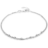 Vanbelle Sterling Silver Jewelry - Rhodium Plated with 925 Stamp - Beaded Double Layered Chain Anklet - Elegant Handcrafted Foot Jewelry for Women - 9" long + 1" extender