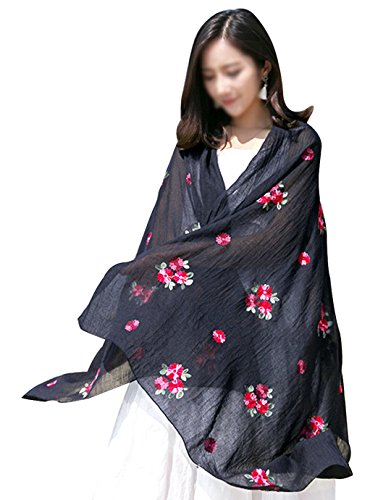Monique Women Exotic Style Floral Embroidery Silk Scarf Cotton Linen Pashmina Shawl Wrap Scarves Black