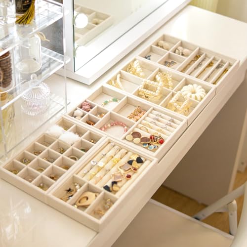6 Velvet Jewellery Trays for Drawers for Storing/Displaying Jewellery, Jewellery Storage Drawer with 6 Different Styles, Jewellery Storage Tray for Ring/Necklace/Bracelet (Beige)