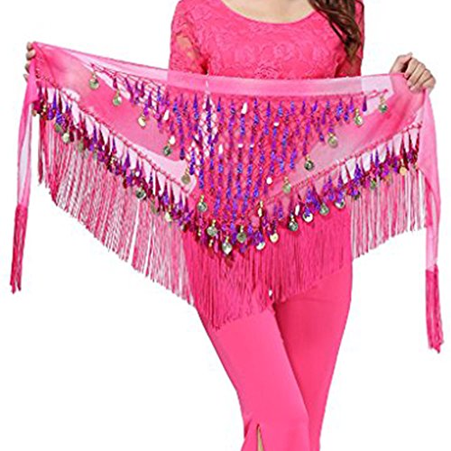 MUNAFIE Belly Dancing Belt Colorful Waist Chain Belly Dance Hip Scarf Belt Triangle Skirt Dark pink,Medium