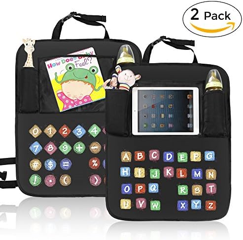 VICIVIYA Kick Mats(2 Pack) Car Seat Back Protector with 6 Storage Organizer Pockets for iPad Tablets Bottles Kids Play Toys, Unique ABC&amp;123 Design for Kids Early Education, Waterproof and Washable