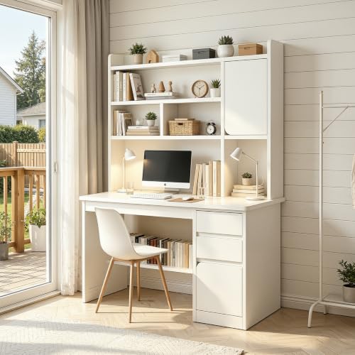 FORKUSO Escritorio con Cajones y Repisa, Computadora Minimalista. Oficina, Madera (Desk). 120 * 45 * 164CM 4 estantes, 3 cajones, 2 armarios. para Sala, Dormitorio o Juegos (Blanco)