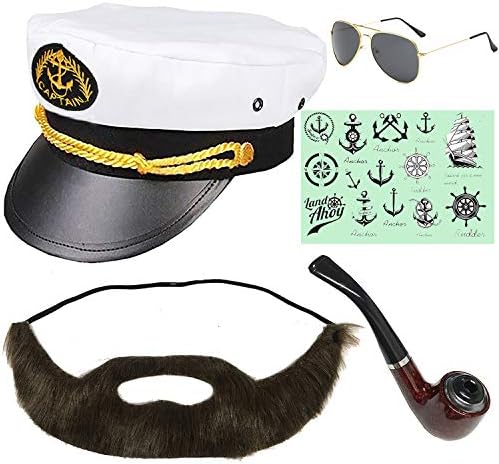 Yacht Captain & Sailor Costume Set - Hat,Corn Cob Pipe,Aviator Sunglasses,Vintage Anchor Temporary Tattoo