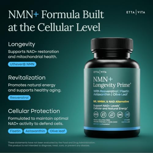 NMN Supplement (5-in-1) NAD+ Booster with Resveratrol - Cellular Energy, Focus & Healthy Aging Support for Men and Women - Mitochondria Formula w Fisetin, Astaxanthin, Olive Leaf, Vegan, Made in USA