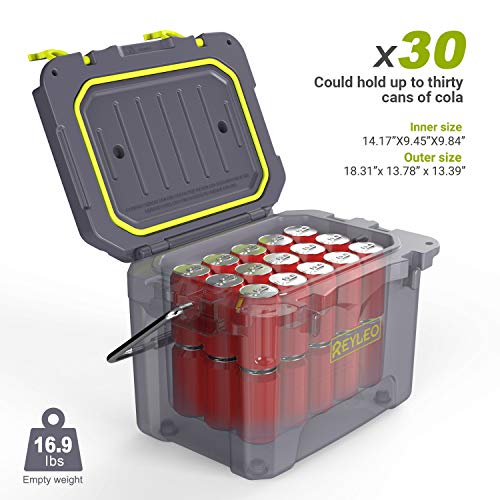 REYLEO Cooler, High-end Portable Rotomolded Cooler, 30-Can Capacity, 21 Quart, 3-Day Ice Retention, Bear Resistance, Camping Cooler, Ice Chest (Built-in Bottle Opener, Cup Holder,Fish Ruler,incl.)