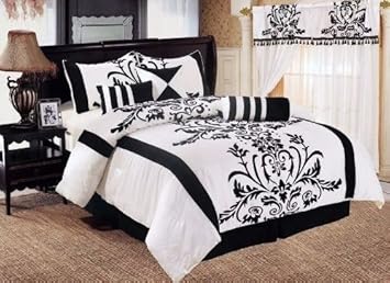 Amazon Com Collection 7 Piece White Black Flocked Floral