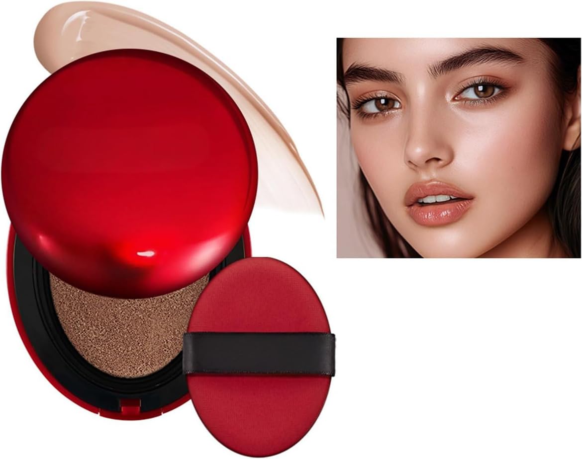 Cushion Foundation, Semi-Matte Finish 72-Hour Foundation Full Coverage Sun Protection, Waterproof, Clear Makeup Red+Shell+Air Focuses on Keeping The Coverage Great,18g