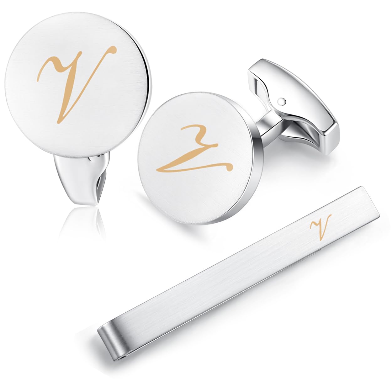 HONEY BEAR Initial Alphabet Letter Cufflinks Tie Clip Set for Mens - Brushed Silver Round for Business Wedding Gift A - Z