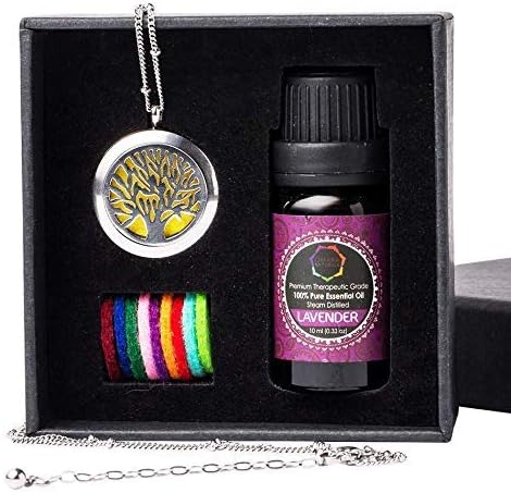 Aromatherapy Necklace - Tree of Life – Free Lavander Essential Oil Bottle -Essential Oils Diffuser - 25mm Diameter Surgical Stainless Steel Locket/Pendant w/ 24” Chain + 10 Aromatherapy Refill Pads