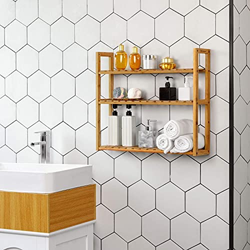 SONGMICS Bamboo Bathroom Shelf, 3Tier Adjustable Plants Rack, Wall