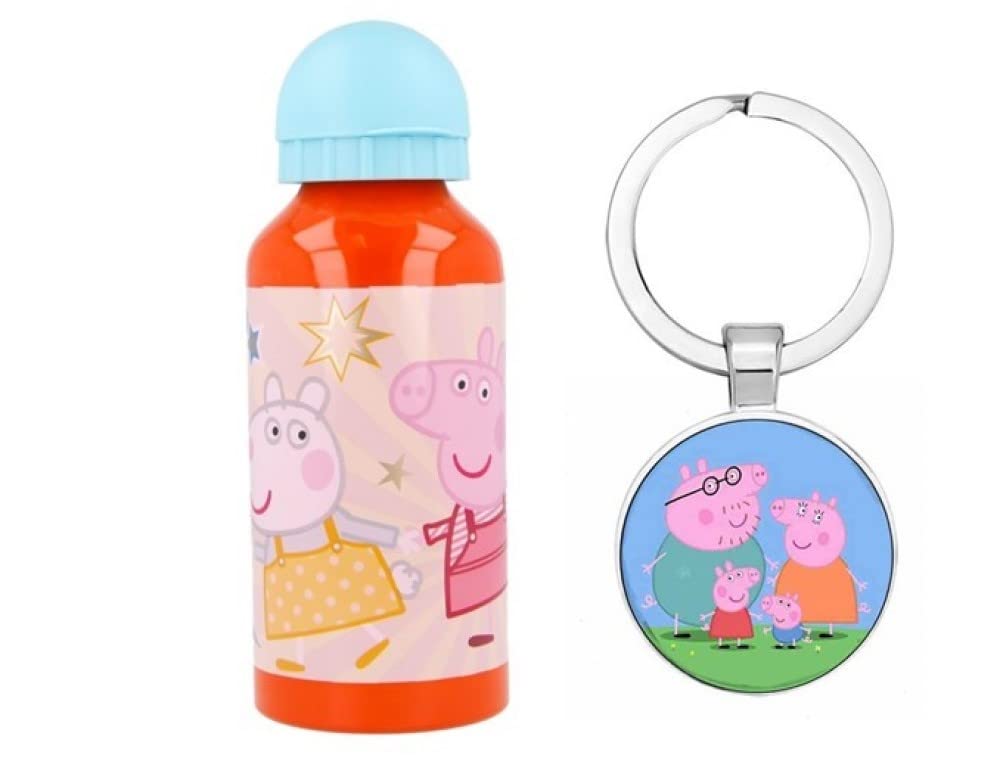 OM SUPPLIES Peppa George Characters Aluminium Sports Bottle 400ml - Holiday, Back to School Water Drinking Kids Lunch Children Includes Peppa Keychain (Peppa)