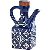 Gnlnkn Blue Ceramic Olive Oil Dispenser Bottle for Kitchen, 8.5 oz Cruet for Avocado Oil with Handle & Wooden Stopper, Small Decorative Oil and Vinegar Dispenser Set, Oil Container Cruet for Olive