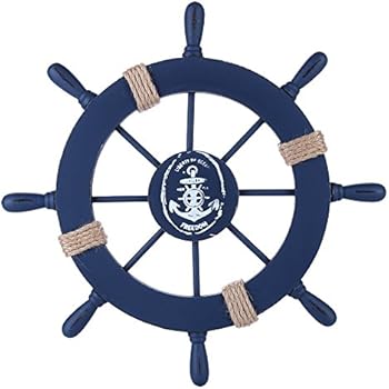 Rienar Nautical Beach Wooden Boat Ship Steering Wheel Fishing Net Shell Home Wall Decor (Deep Blue)