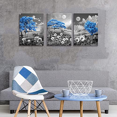 Blue Tree Canvas Wall Art For Living Room Dining Family Office Bedroom Over Bed Modern Black And White Dandelion Rose Daisy Moon Nature Pictures Decor For Home Artwork Painting 12\