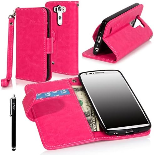 LG G3 Vigor case, LG G3 Mini case, E LV LG G3 Mini case cover - Deluxe Classic PU Leather Flip Wallet Case Cover for LG G3 Mini D725 with 1 Black Stylus - Hot Pink