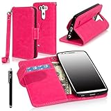LG G3 Vigor case, LG G3 Mini case, E LV LG G3 Mini case cover - Deluxe Classic PU Leather Flip Wallet Case Cover for LG G3 Mini D725 with 1 Black Stylus - Hot Pink