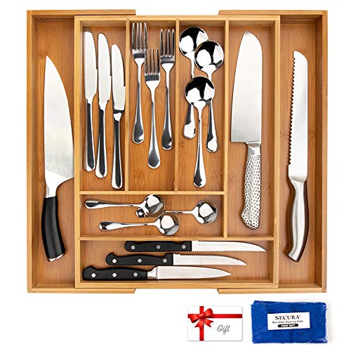 Secura Bamboo Expandable Drawer Organizer, Silverware Utensil Holder and Cutlery Tray for Kitchen, Office, Bathroom and Home (8 Expandable Compartments）