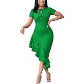 BFFBABY Bodycon Dress for Women Sexy Asymmetrical Ruffle High Slit Tight Fitted Short Sleeve Retro Cocktail Midi Dress