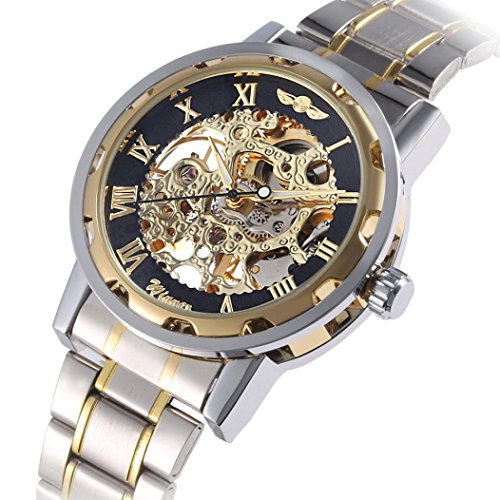 Fineshow Men Hollow Skeleton Automatic Mechanical Stainless Steel Wrist Watch (A, BLACK)